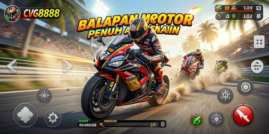 Gameplay seru CVG8888 saat balapan motor di lintasan penuh tantangan.