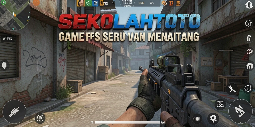 Screenshot gameplay SEKOLAHTOTO menampilkan aksi pertempuran FPS yang intens.